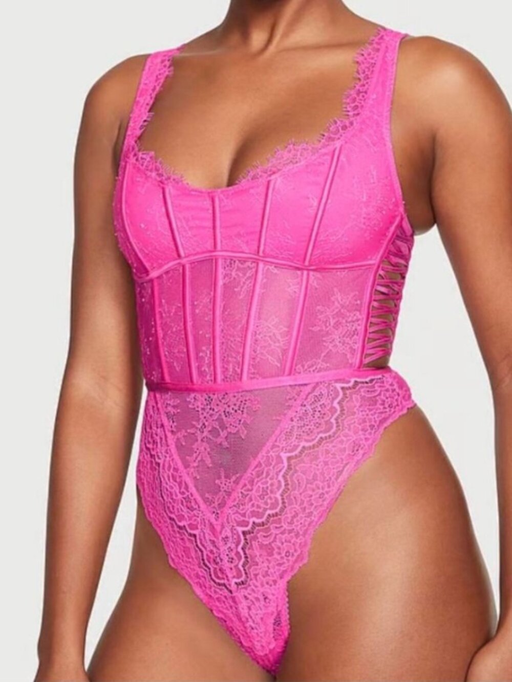 Victoria's Secret Fuchsia Lace Teddy Corset Bodysuit